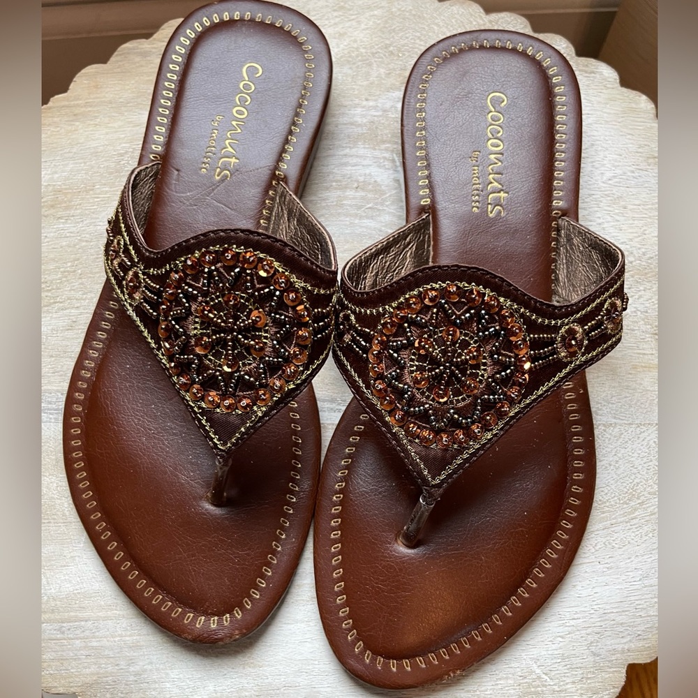 Coconuts by Matisse Brown Beaded Flip Flops Sandals